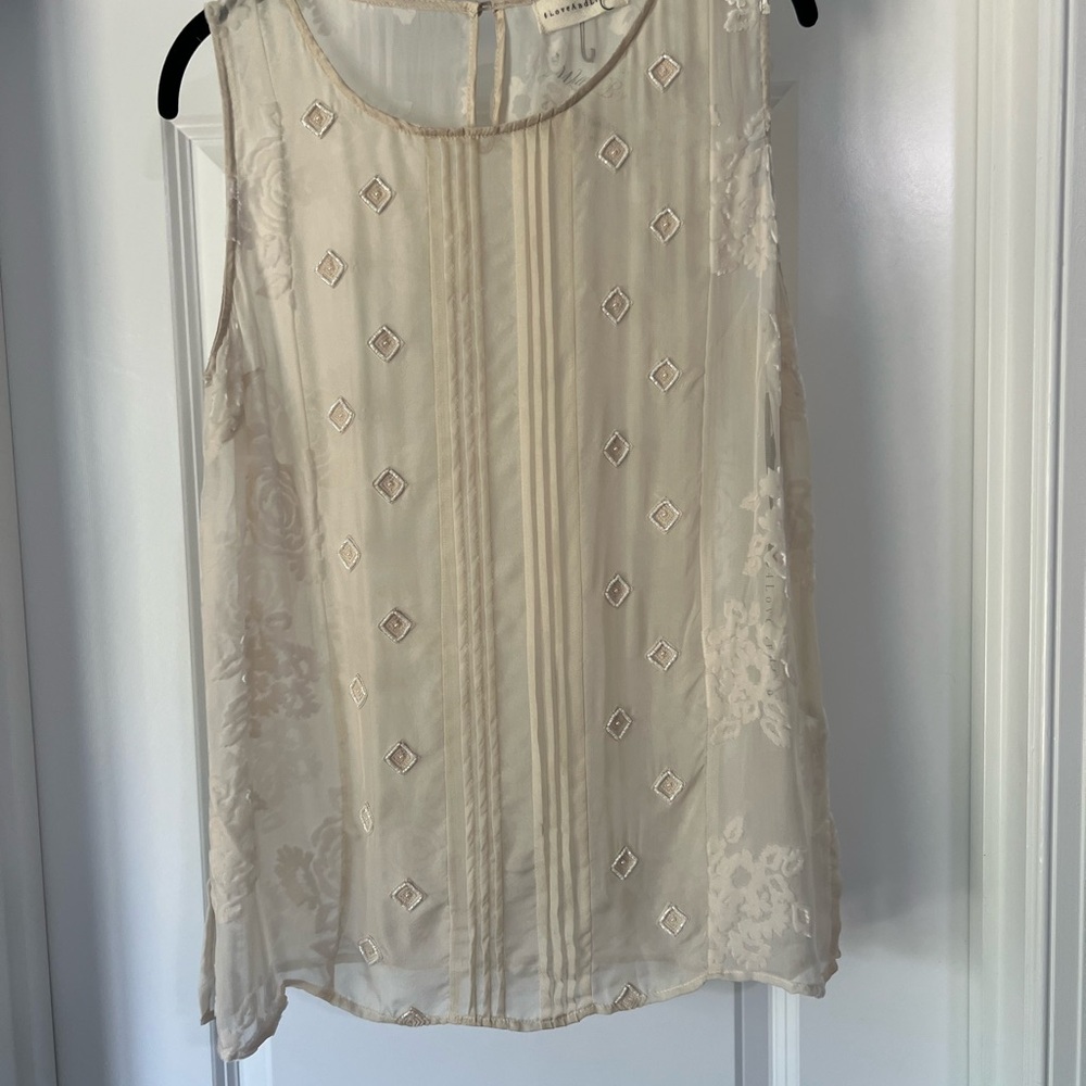 Cream Beaded Embellished Pleated Sleeveless Blouse